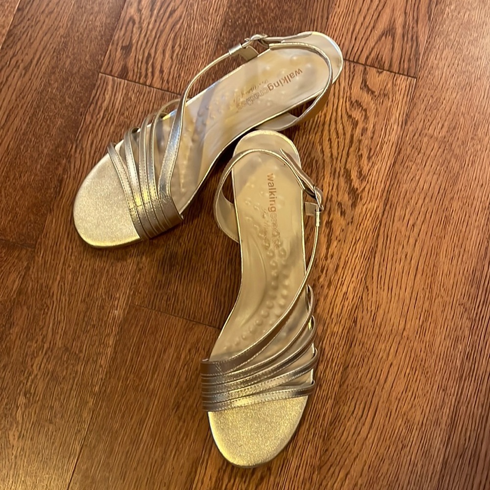 Strappy gold leather sandal.